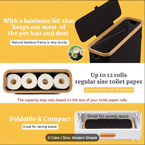 Bamboo & Fabric Toilet Paper Holder with Lid — Large Capacity Storage