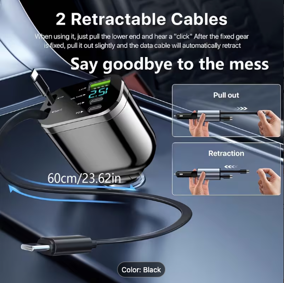 120W Fast Car Charger with Retractable USB-C Cables & LED Display
