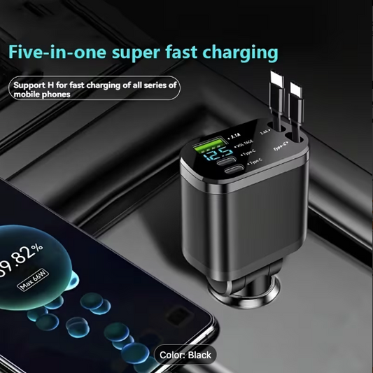 120W Fast Car Charger with Retractable USB-C Cables & LED Display