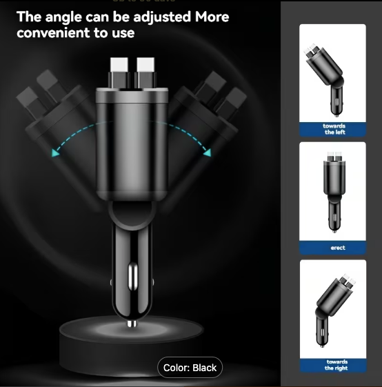 120W Fast Car Charger with Retractable USB-C Cables & LED Display