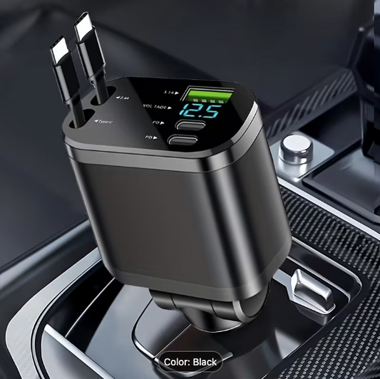 120W Fast Car Charger with Retractable USB-C Cables & LED Display