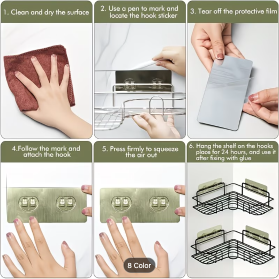 No-Drill Bathroom Corner Shelf — Adhesive Wall Mounted Storage Rack