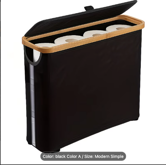 Bamboo & Fabric Toilet Paper Holder with Lid — Large Capacity Storage
