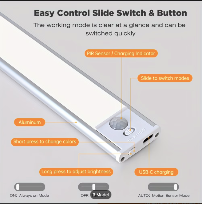 Rechargeable LED Motion Sensor Light Bar | 3 Colour Modes | USB-C | Magnetic | 30cm