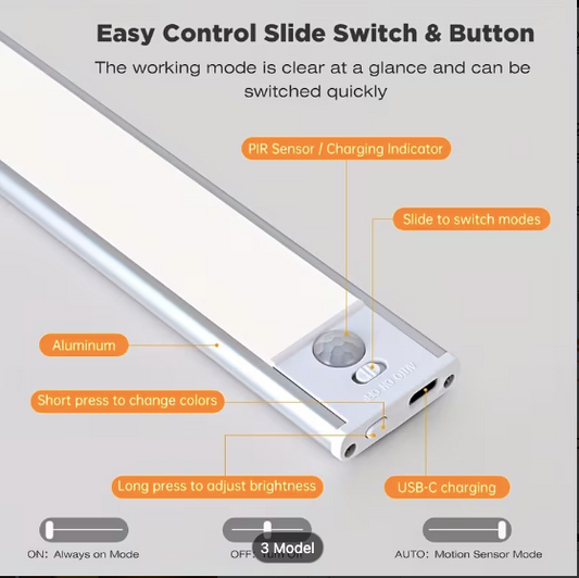 Magnetic LED Motion Sensor Cabinet Light — Pack of 2 (30cm, USB-C Rechargeable)