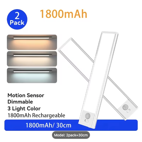 Magnetic LED Motion Sensor Cabinet Light — Pack of 2 (30cm, USB-C Rechargeable)